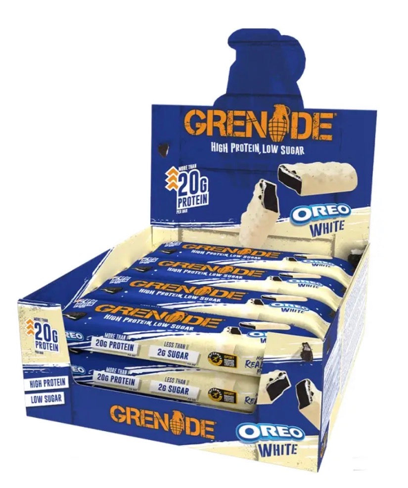 CAJA DE 12 BARRITAS DE CHOCO-BLANCO OREO-21 GR DE PROTEINA POR BARRITA-GRENADE